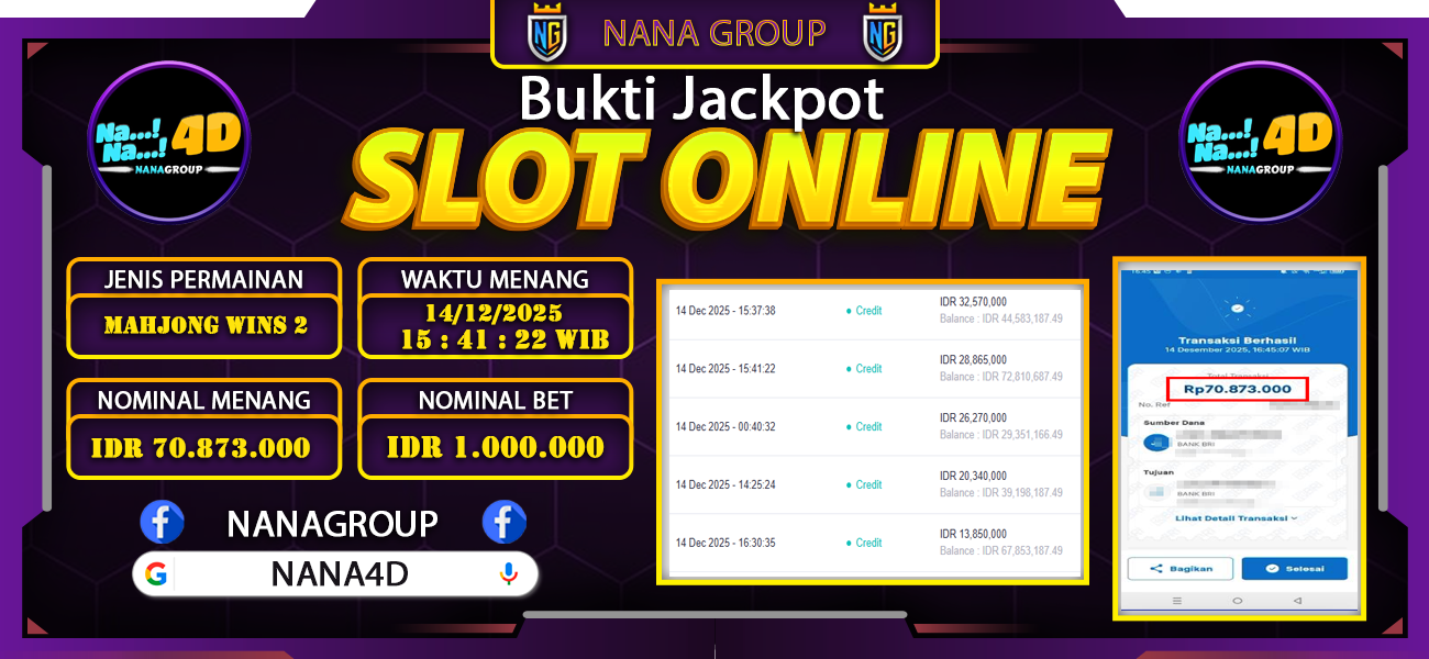 Bukti Kemenangan Besar Dibayar lunas Member NANA4D RP 70.873.000, 14 Desember 2025